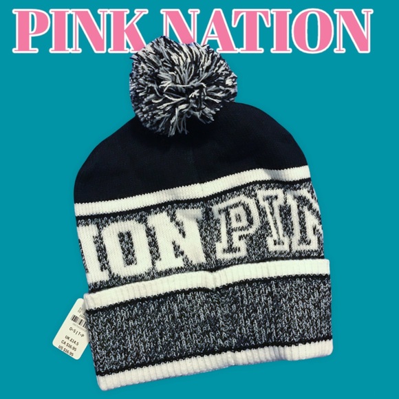 ‼️SOLD‼️PINK NATION KNIT POP-POM HAT *NWT *VICTORIA’S SECRET *BLACK *GRAY - Picture 2 of 5
